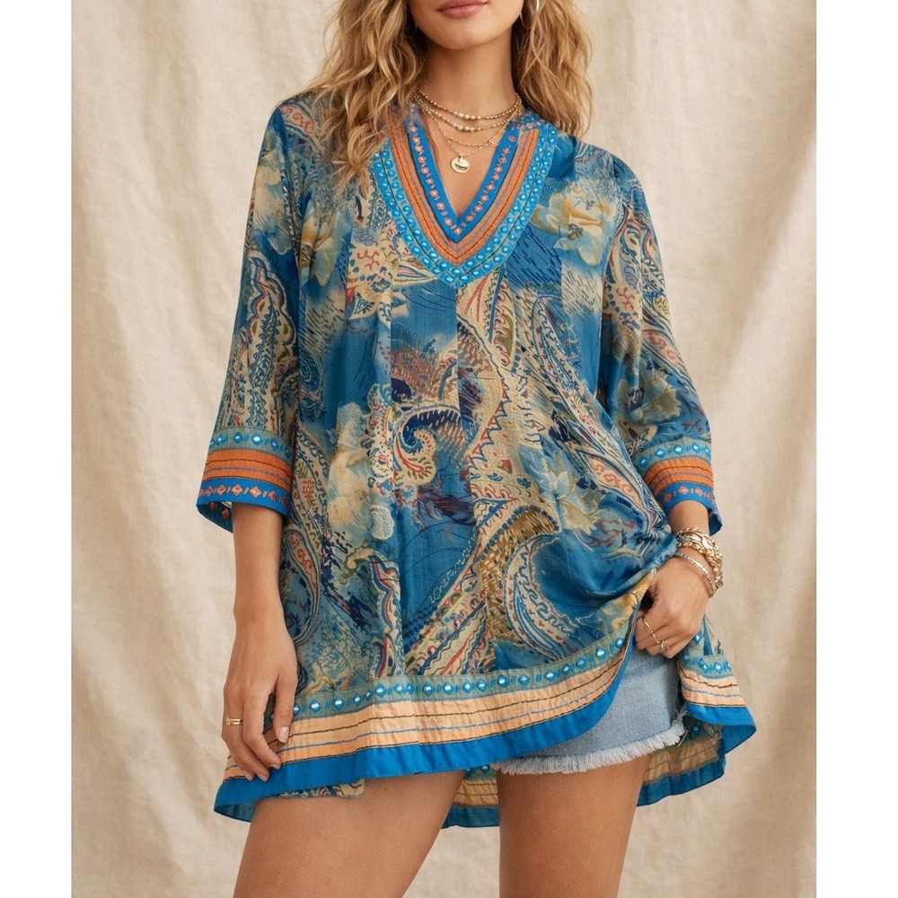 Anu by Natural Blue‎ Orange Paisley Cotton Tunic Top Embroidered Mirror XL F3